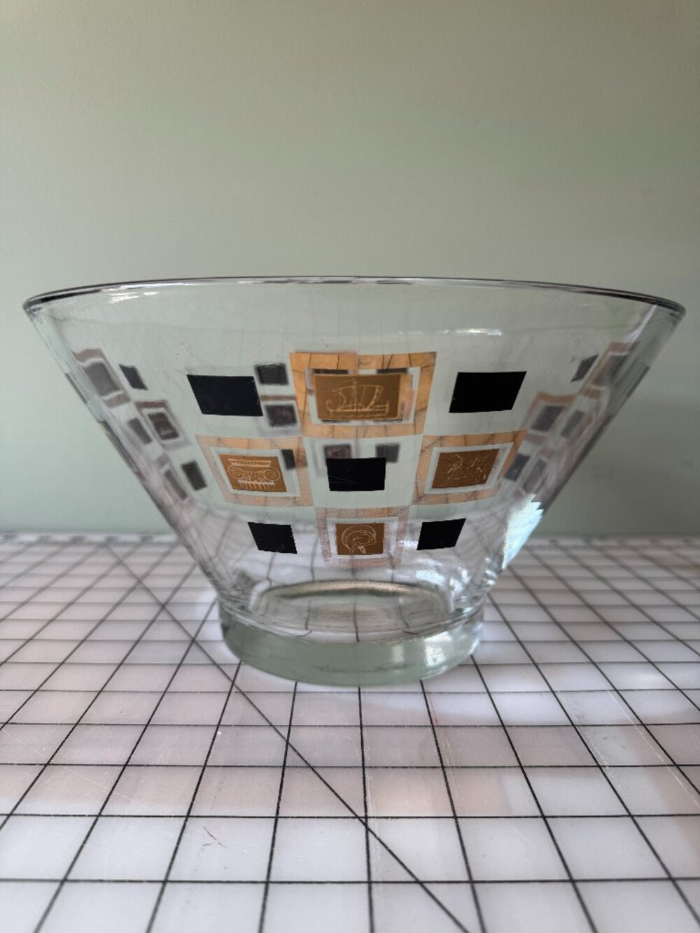 Vintage Mid Century Modern Glass Serving Bowl Gold Atomic Decor